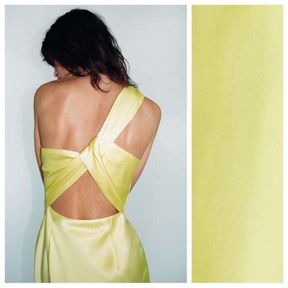 NWT. Zara Yellow Satin Effect Asymmetric Midi Dress. Size M. - Picture 4 of 13